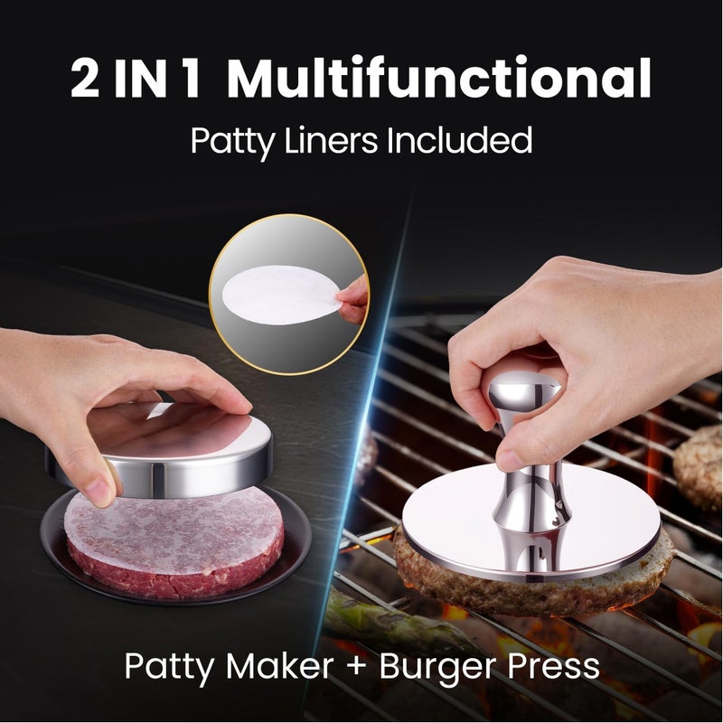 Gourmet Easy 2-in-1 Smash Burger Press & Patty Maker, Heavy Duty Premium Stainless Steel Hamburger Helper, Easy-Clean Design, Hamburger Press with Patty Liner, Mirror Polished Burger Mold, Dishwasher Safe - Image 2