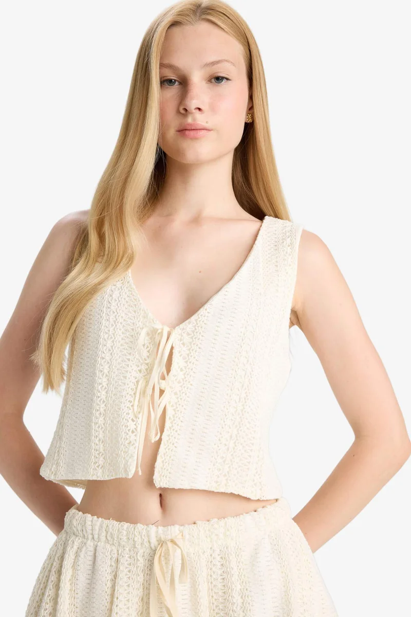 DeFacto Loose Fit V-Neck Knitwear Look Tie Front Blouse