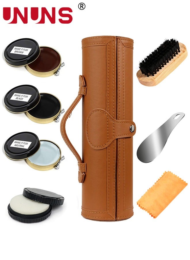 UNUNS Shoe Shine Kit,8PCS Shoe Polish with PU Leather,Sleek Elegant Case,Travel Shoe Shine Brush Kit for Leather Boots Shoe Care and Cleaning,Brown - Image 1