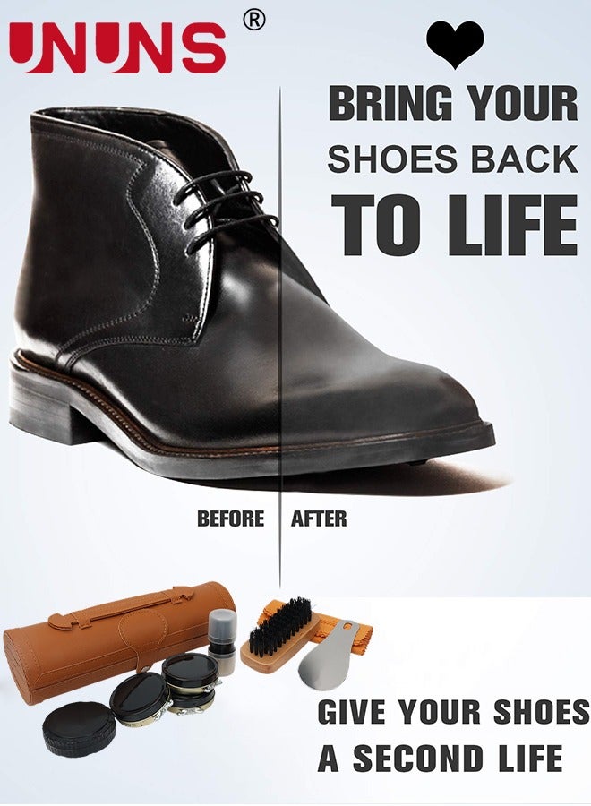 UNUNS Shoe Shine Kit,8PCS Shoe Polish with PU Leather,Sleek Elegant Case,Travel Shoe Shine Brush Kit for Leather Boots Shoe Care and Cleaning,Brown - Image 5