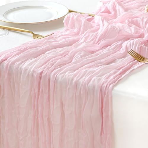 Sioloc 1 Pack Light Pink Cheesecloth Table Runner Fall Autumn Decor for 10ft(35" x120" ) Table Cloth for Tea Wedding Birthday Party Baby Bridal Shower Halloween Thanksgiving - Image 1