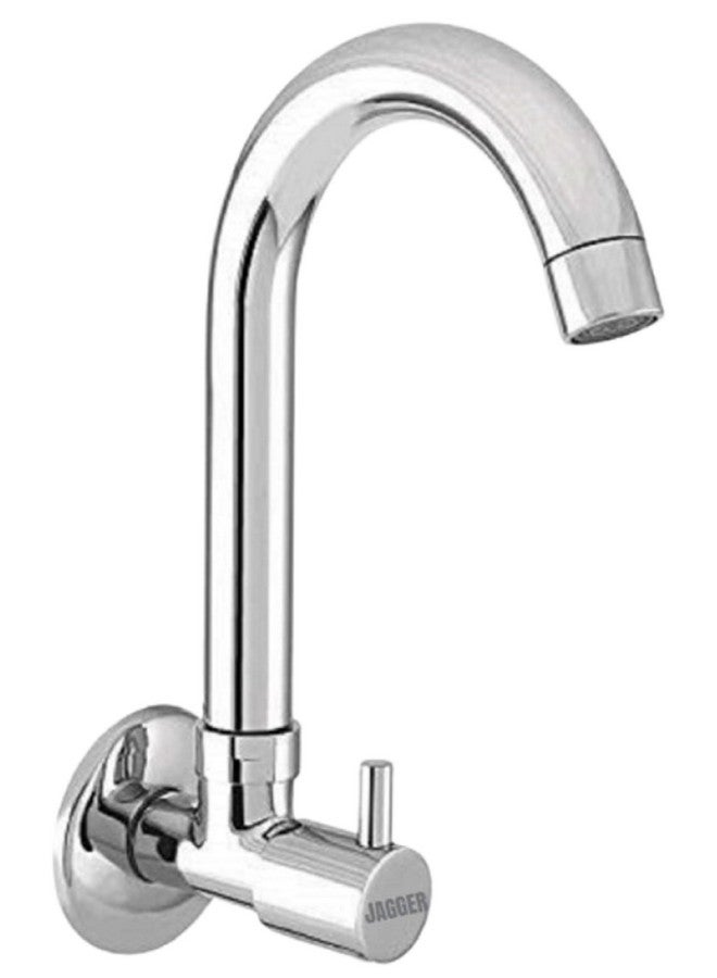 JAGGER صنبور مطبخ JAGGER توربو لمغسلة المطبخ / حوض المطبخ / المنزل، الميزات: - مثبت على الحائط، فوهة دوارة 360 درجة، دوران ربع و تدفق رغوي (مع فلانج الحائط وشريط تفلون) (توربو)، فضي - Image 1