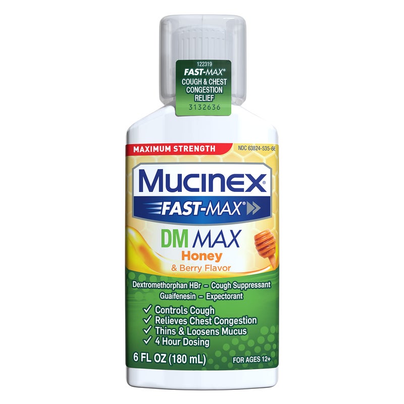 Mucinex Fast-Max Maximum Strength DM MAX, Symptom Relief, Cough Suppressant and Expectorant, Honey & Berry Flavor, 6 FL OZ - Image 1