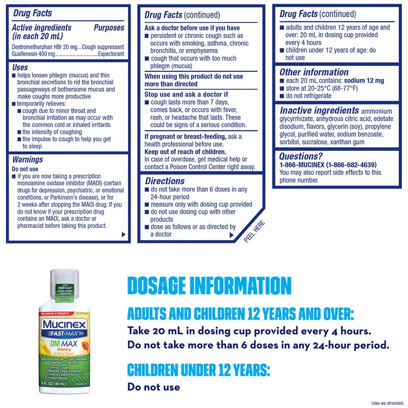 Mucinex Fast-Max Maximum Strength DM MAX, Symptom Relief, Cough Suppressant and Expectorant, Honey & Berry Flavor, 6 FL OZ - Image 2