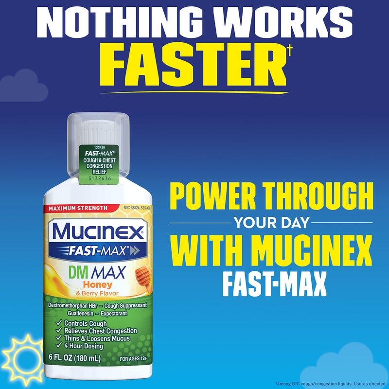 Mucinex Fast-Max Maximum Strength DM MAX, Symptom Relief, Cough Suppressant and Expectorant, Honey & Berry Flavor, 6 FL OZ - Image 5