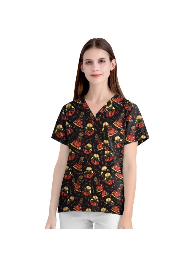 NIBEMINENT Elastic Teeth Dental Christmas Cartoon Pattern Short Sleeved Women's V-Neck Printed Top Nurse Uniform - Image 1