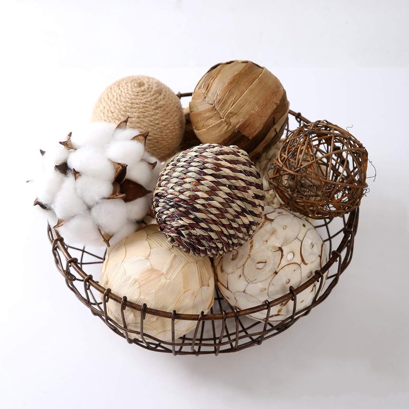 CIR OASES Assorted Decorative Spherical 9pcs Brown White Orbs Natural Twig Rattan Woven Cotton Balls for Vase Bowl Filler Tabletop Decor - Image 5