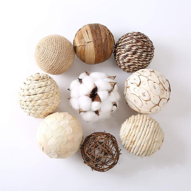 CIR OASES Assorted Decorative Spherical 9pcs Brown White Orbs Natural Twig Rattan Woven Cotton Balls for Vase Bowl Filler Tabletop Decor - Image 2
