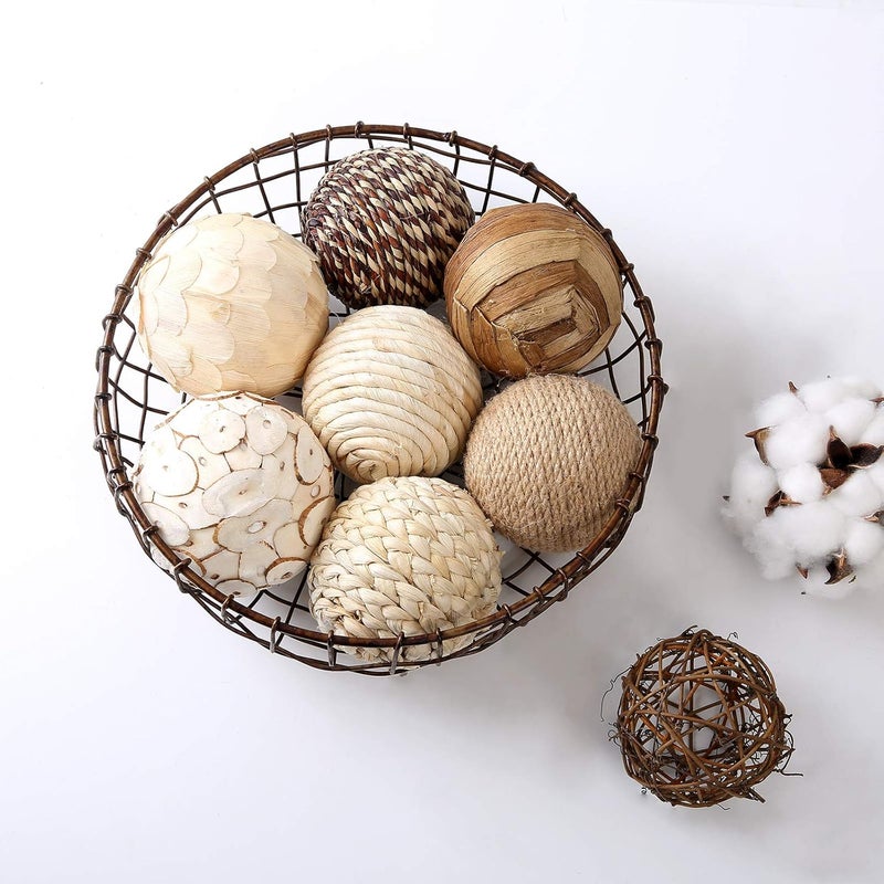 CIR OASES Assorted Decorative Spherical 9pcs Brown White Orbs Natural Twig Rattan Woven Cotton Balls for Vase Bowl Filler Tabletop Decor - Image 3