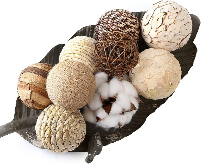 CIR OASES Assorted Decorative Spherical 9pcs Brown White Orbs Natural Twig Rattan Woven Cotton Balls for Vase Bowl Filler Tabletop Decor - Image 1