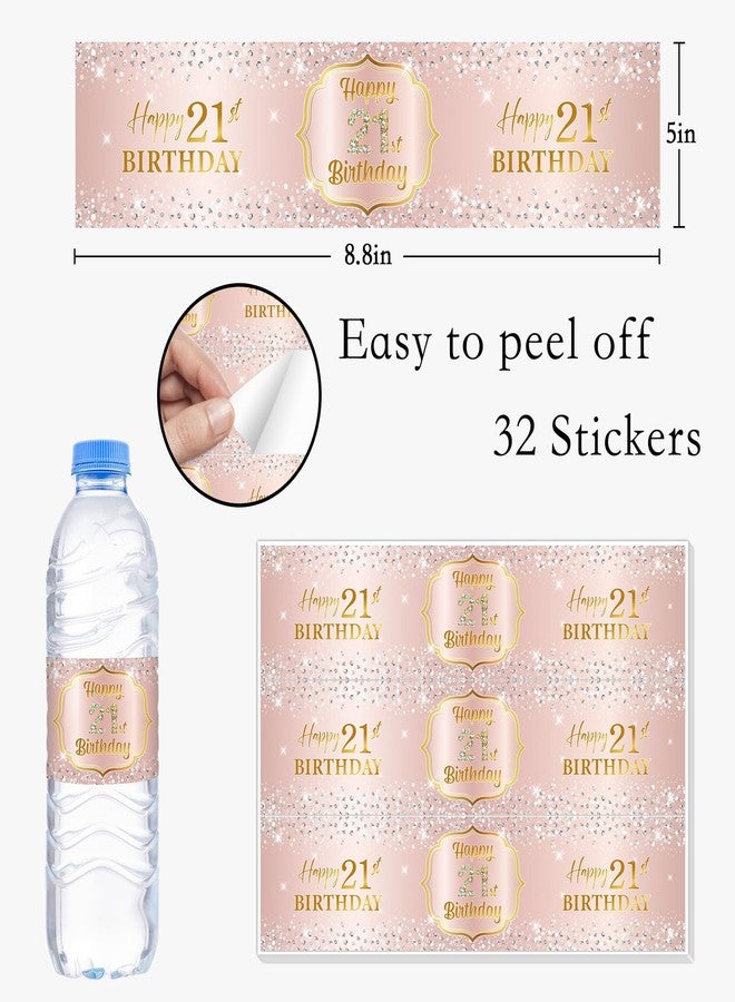 WOWOPA 32 Pcs Happy 21st Birthday Water Bottle Labels, Cheers to 21 Years Birthday Party Water Bottle Labels Stickers Decoration - Pink - Image 2