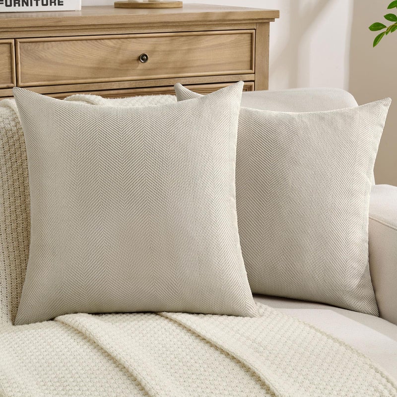FUTEI Beige Chenille Throw Pillow Covers 18x18 Inch Set of 2,Soft Wide Chevron Textured Cushion Case,Farmhouse Home Decor for Couch Living Room - Image 1