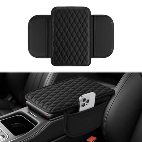 Amiss Car Center Console Cover Upgraded Leather Car Armrest Cushion with 2 Storage Pockets Universal Waterproof Cushion Pad NonSlip Car Interior Accessories Fits Most Sedans SUVs Trucks Black - Image 1