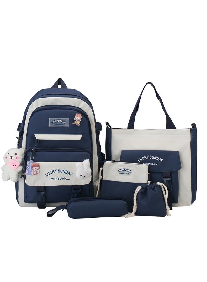 Bundle Kawaii Backpack 5Pcs Set for Student School Bags for Teen Girls Back to School Supplies (Dark Blue) - Image 1