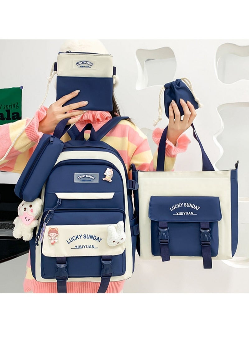 Bundle Kawaii Backpack 5Pcs Set for Student School Bags for Teen Girls Back to School Supplies (Dark Blue) - Image 2