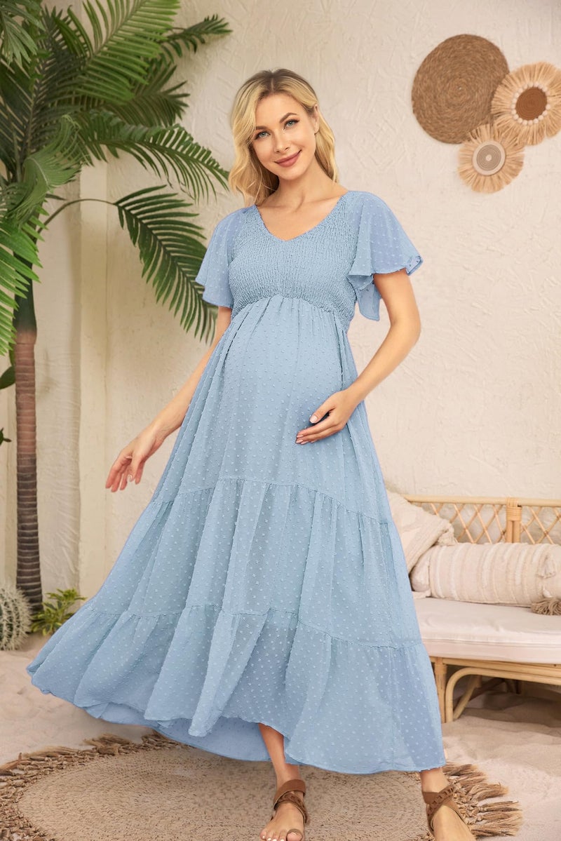 guruixu Swiss Dot Smocked Maternity Dress for Baby Shower Photoshoot Casual V Neck Ruffle Sleeve Empire Waist Tiered Boho Dress Light Blue - Image 5