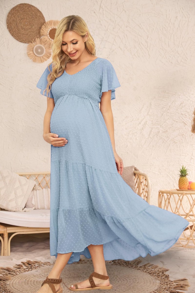 guruixu Swiss Dot Smocked Maternity Dress for Baby Shower Photoshoot Casual V Neck Ruffle Sleeve Empire Waist Tiered Boho Dress Light Blue - Image 3