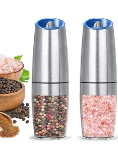 Abania 2 Pack Gravity Electric Salt And Pepper Grinder Set, Automatic Salt And Pepper Grinder Set, Battery Powered (6 AAA Batteries Each), Adjustable Roughness, LED Light,Silver  - Image 1