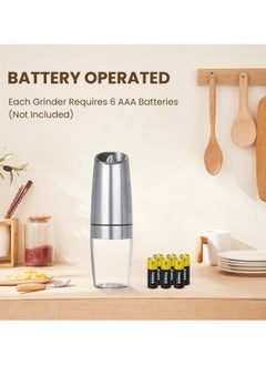 Abania 2 Pack Gravity Electric Salt And Pepper Grinder Set, Automatic Salt And Pepper Grinder Set, Battery Powered (6 AAA Batteries Each), Adjustable Roughness, LED Light,Silver  - Image 2