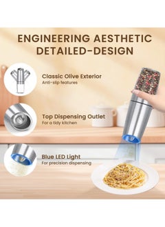 Abania 2 Pack Gravity Electric Salt And Pepper Grinder Set, Automatic Salt And Pepper Grinder Set, Battery Powered (6 AAA Batteries Each), Adjustable Roughness, LED Light,Silver  - Image 3