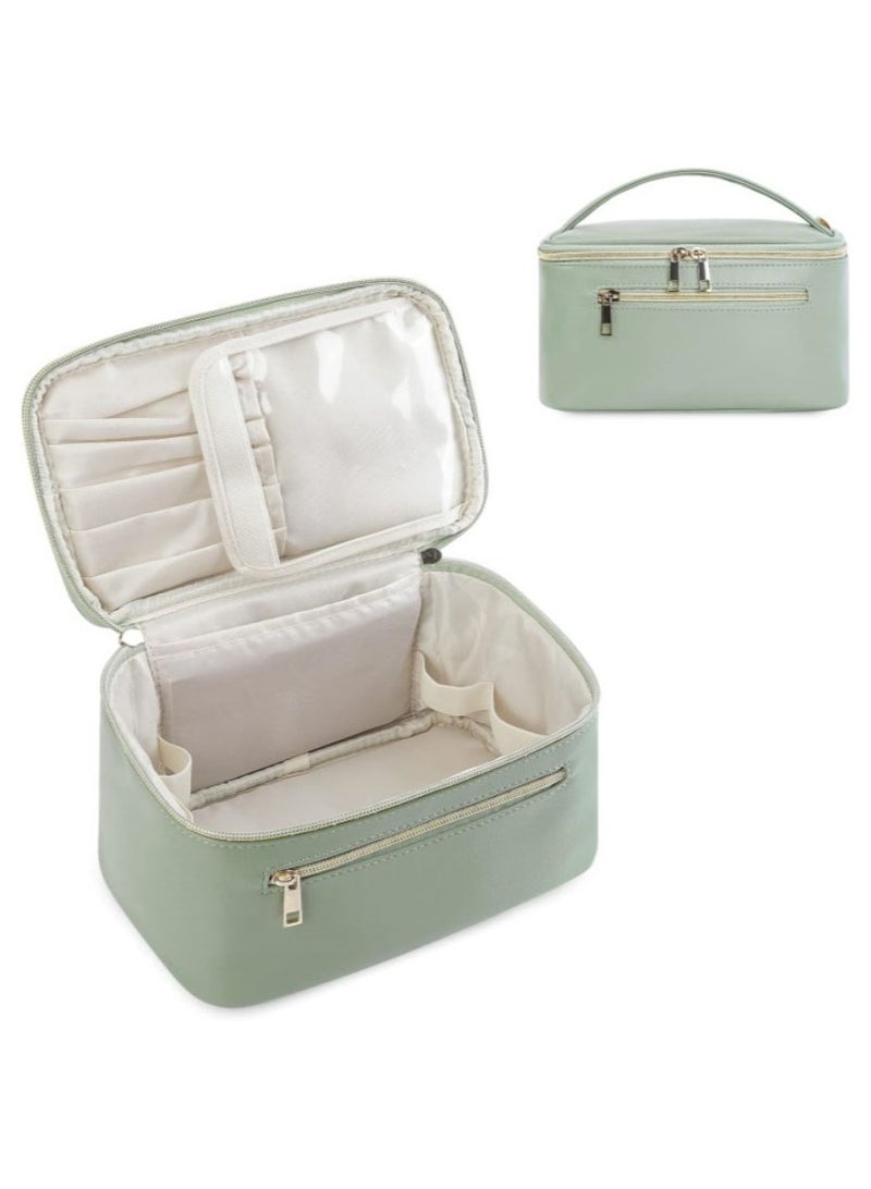 حقيبة مستحضرات التجميل ، حقيبة مستحضرات التجميل السفر ، مع مقصورة فرشاة ، كبير المحمولة ، بو الجلود حقيبة مستحضرات التجميل للماء مع مقبض ، حقيبة مستحضرات التجميل للسيدات - Image 1