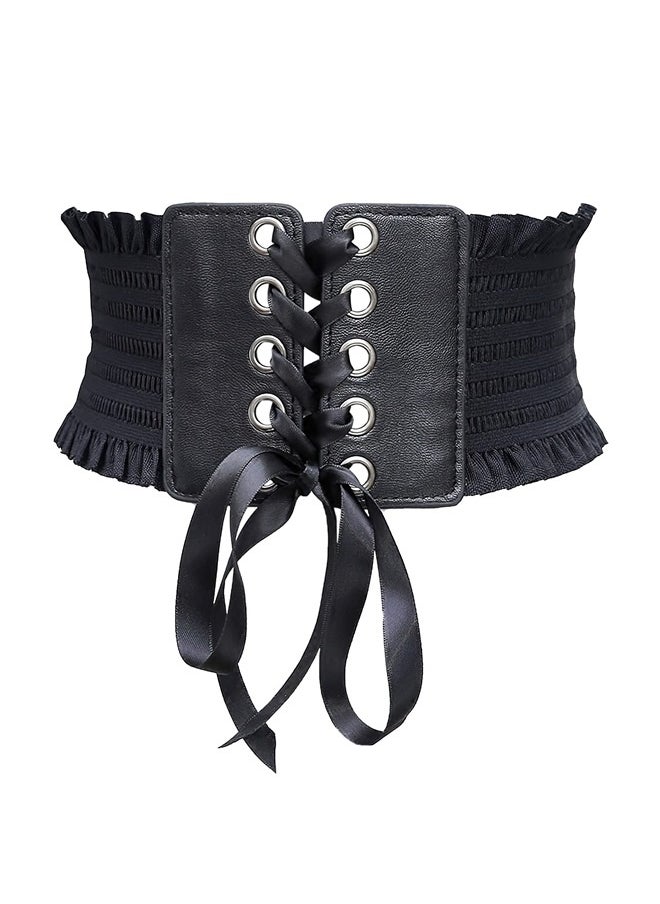 Generic Corset Belt for Women Vintage Lace Up Wide Waist Belt PU Leather Elastic Tied Waspie Cinch Belt for Costume  - Image 1