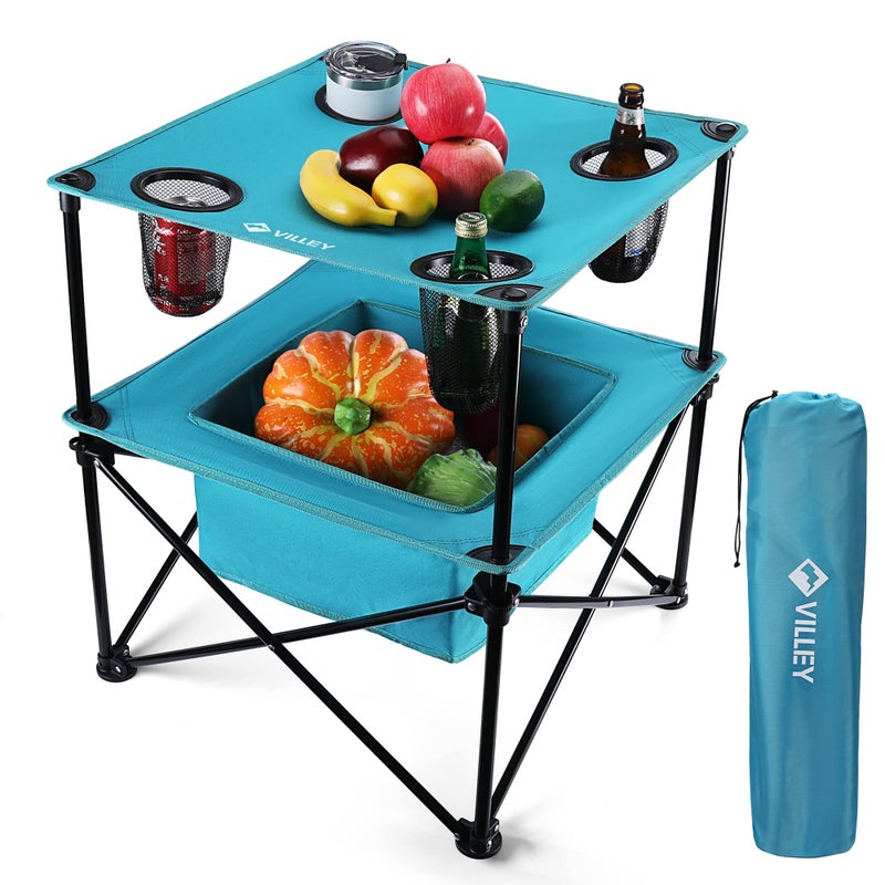 VILLEY Portable Camping Picnic Table Lightweight Folding Beach Table with 4 Cup Holders and Carry Bag for Camp Travel Fishing and Outdoor Activities