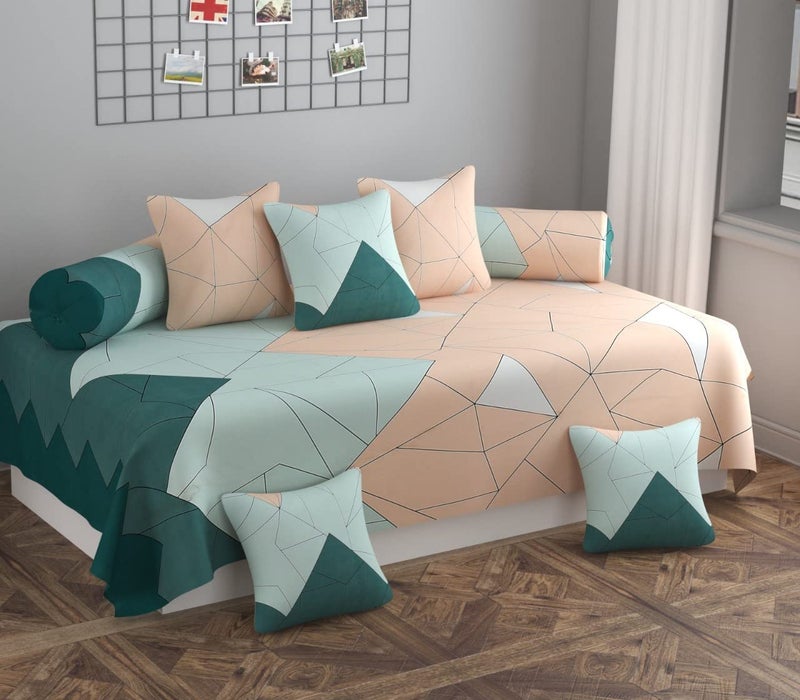 SpangleHomes XL 100% Glace Cotton Diwan Set Soft Cotton, 1 (60 X 90 Inches) Bedsheet,5 (16x 16 inches) Cushion Covers and 2 Booster Covers (8 PCS Set) - Beige Green Triangle - Image 1