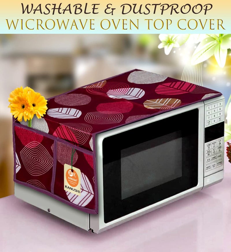 KANUSHI Industries® Microwave/Oven Top Cover with 4 Utility Pockets (VAR1-MICRO-MAROON-LONG-LEAVES) - Image 2