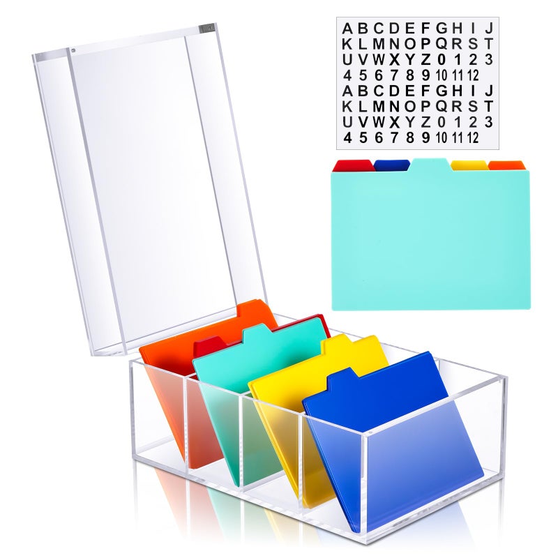Mooliwe Index Card Holder Clear Acrylic Card Organizer 50 Pcs Divider Sheets for Desk File Note Holders 4 Compartments Holds 600 Cards4 x 6 Inch - Image 2