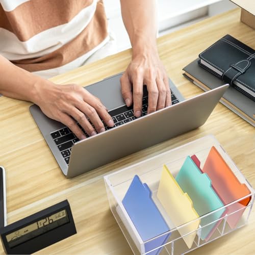 Mooliwe Index Card Holder Clear Acrylic Card Organizer 50 Pcs Divider Sheets for Desk File Note Holders 4 Compartments Holds 600 Cards4 x 6 Inch - Image 3