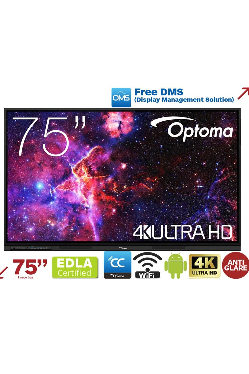 أوبتوما شاشة Optoma Creative Touch 3-Series 3752RK التفاعلية فائقة الدقة مقاس 75 بوصة مع خاصية اللمس المتعدد حتى 20 نقطة، وقلمين، ونظام Android مدمج، وميزات التعاون للفصول الدراسية وغرف الاجتماعات - Image 1