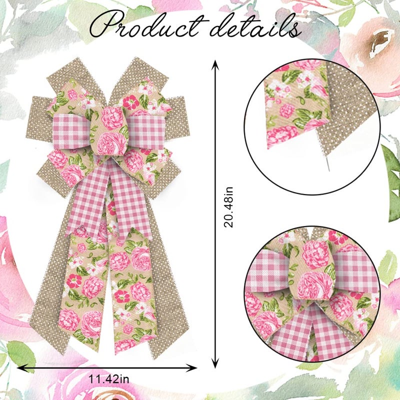 Hying Large Spring Flowers Bows for Wreath, Easter Wreath Bow Pink Natural Burlap Bows for Front Door Birthday Decorations Supplies - Image 2