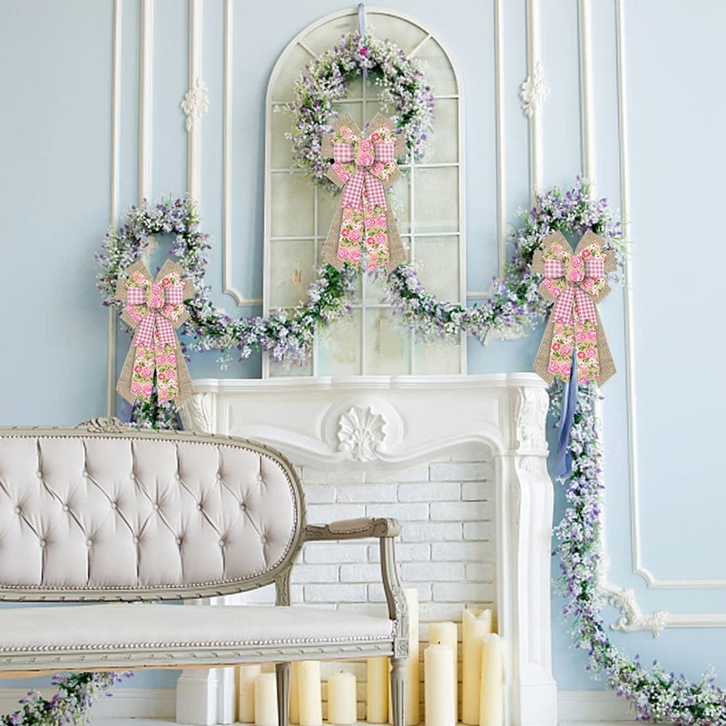 Hying Large Spring Flowers Bows for Wreath, Easter Wreath Bow Pink Natural Burlap Bows for Front Door Birthday Decorations Supplies - Image 3