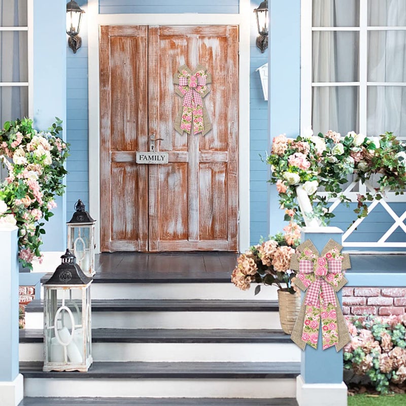 Hying Large Spring Flowers Bows for Wreath, Easter Wreath Bow Pink Natural Burlap Bows for Front Door Birthday Decorations Supplies - Image 5