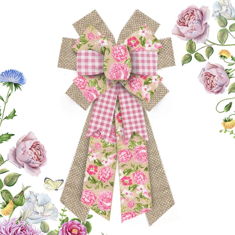 Hying Large Spring Flowers Bows for Wreath, Easter Wreath Bow Pink Natural Burlap Bows for Front Door Birthday Decorations Supplies - Image 1