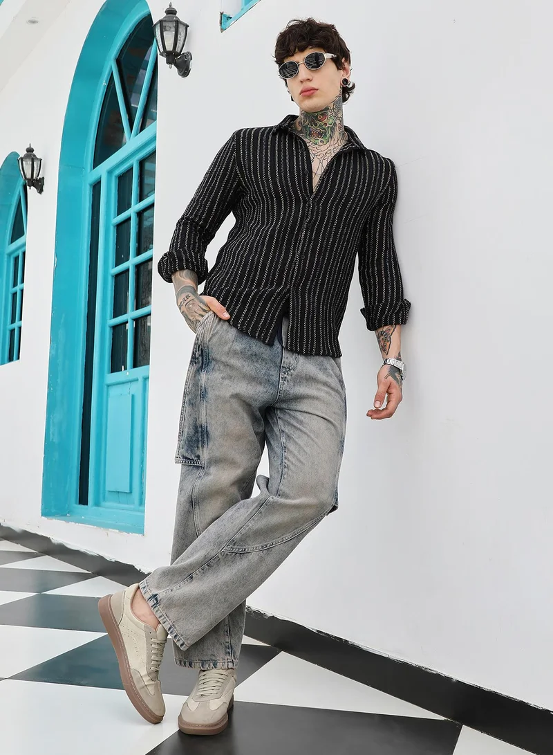 Campus Sutra Campus Sutra Men's Onyx Black Duo-Jacquard Striped Shirt | Spread Collar , Long Cuffed Sleeves , Button Closure , Curved Hem | Stripes Jacquard | Cotton Shirt For Casual Wear