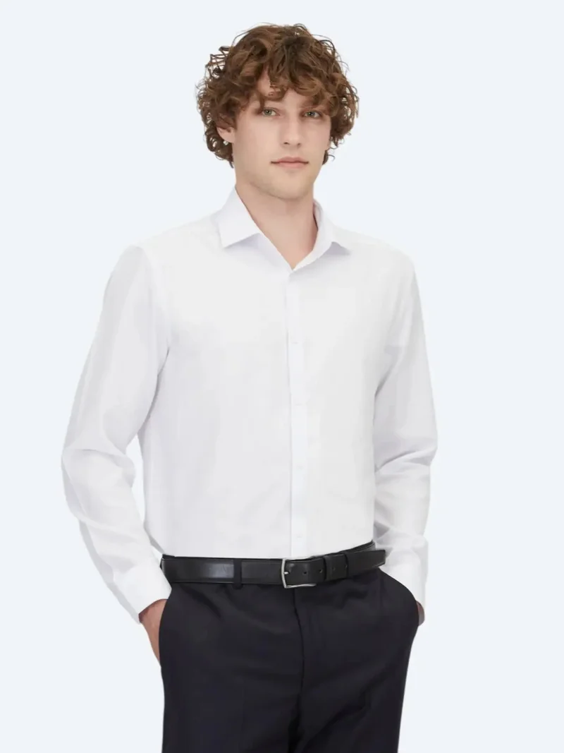 Kip White Plain Regular Fit Weaving Classical Cotton Blended Shirt