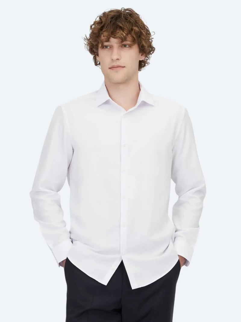 Kip White Plain Regular Fit Weaving Classical Cotton Blended Shirt - Image 3