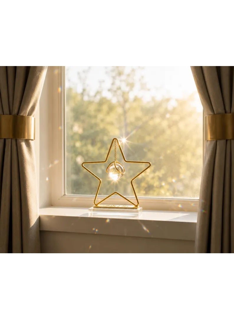 A stunning gold metal star-shaped decorative piece with a hanging crystal ball and transparent base - a modern and elegant decoration for tables and bookshelves - Image 4