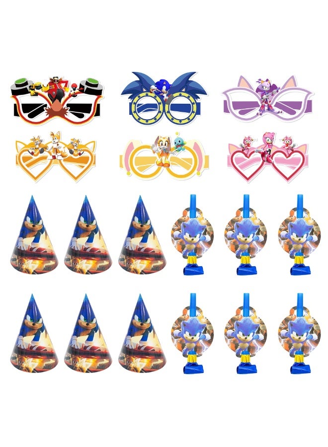 ILovhaprty Sonic Themed Party Supplies Set, 18 Pcs Sonic Party Favors Include 6 Party Hats, 6 Party Blowers and 6 Paper Glasses for Sonic Birthday Party Decoration Supplies - Image 1