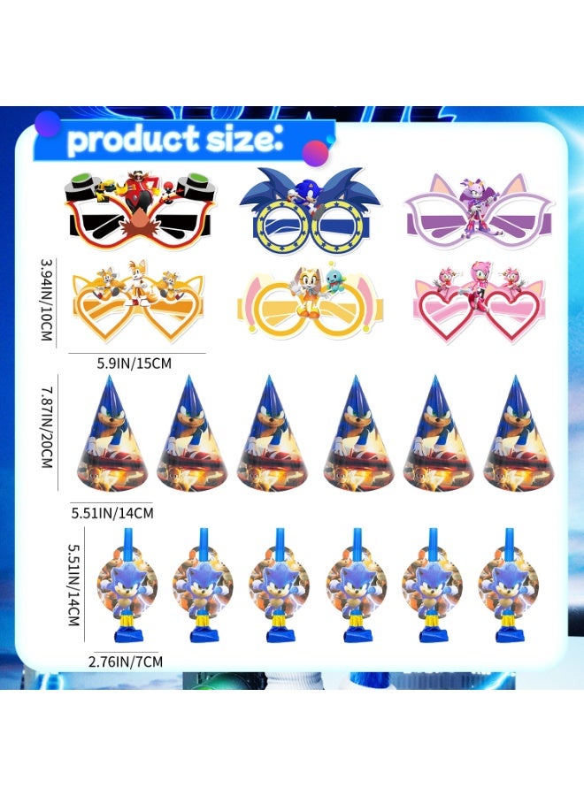ILovhaprty Sonic Themed Party Supplies Set, 18 Pcs Sonic Party Favors Include 6 Party Hats, 6 Party Blowers and 6 Paper Glasses for Sonic Birthday Party Decoration Supplies - Image 2