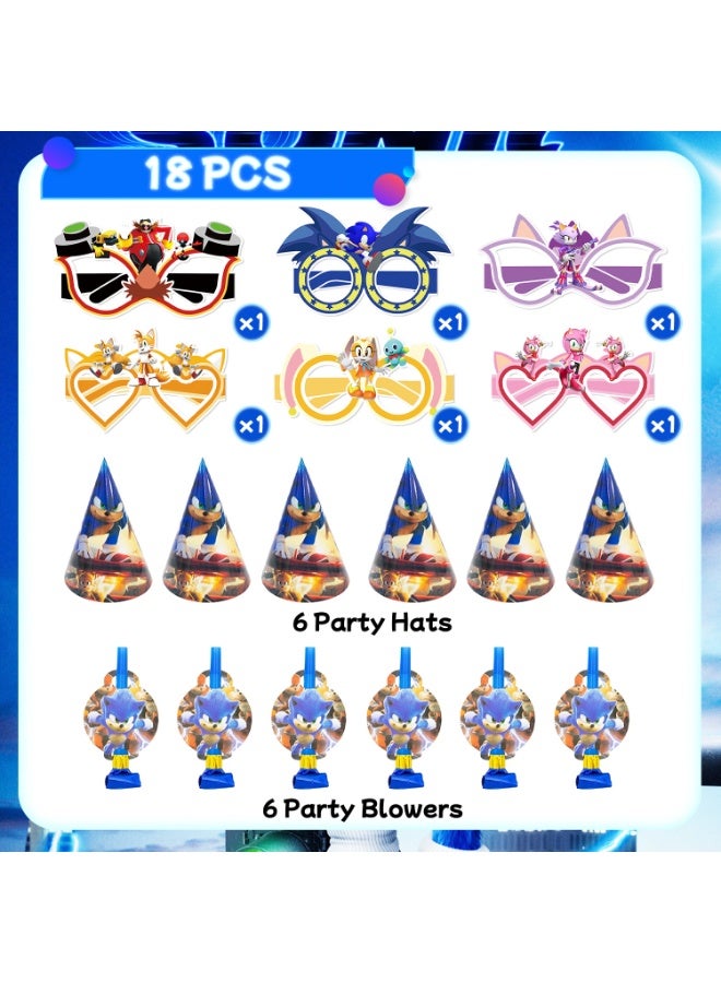 ILovhaprty Sonic Themed Party Supplies Set, 18 Pcs Sonic Party Favors Include 6 Party Hats, 6 Party Blowers and 6 Paper Glasses for Sonic Birthday Party Decoration Supplies - Image 3