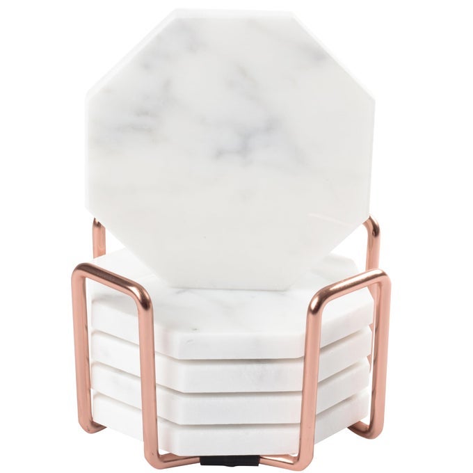 White Carrara Marble Coasters Rose Gold Coaster Holder Set of 5 Durable Thick Coasters Protects Any Table Type Fits Any Coffee Mug Drinking Glass Barware Great Mothers Day Wedding Gift