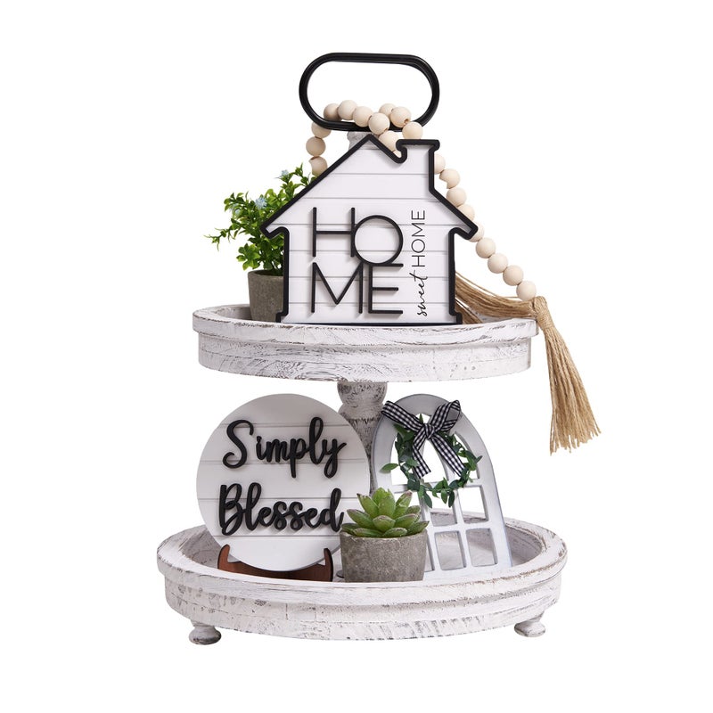 Houmury Rustic Farmhouse Tiered Tray Set with Succulent & Plant - Home Decor for Kitchens (Set of 8 Without Trays) - Image 1