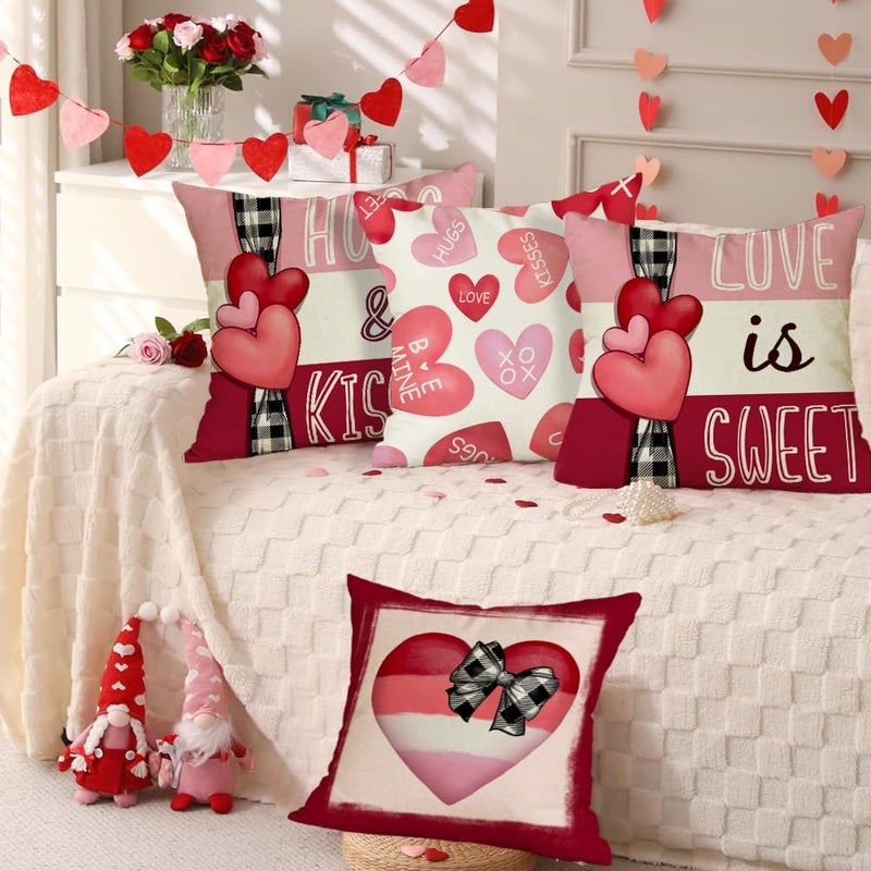 RABUSOFA Red Candy Love Valentine's Day Hugs and Kisses Love Sweet Throw Pillow Covers,18x18 Inch Pink Heart Valentine Striped Wedding Cushion Case Decoration for Sofa Couch Set of 4 - Image 4