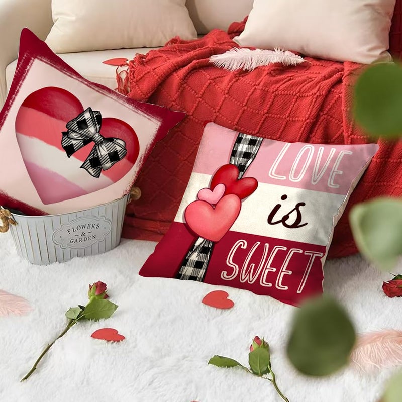 RABUSOFA Red Candy Love Valentine's Day Hugs and Kisses Love Sweet Throw Pillow Covers,18x18 Inch Pink Heart Valentine Striped Wedding Cushion Case Decoration for Sofa Couch Set of 4 - Image 2