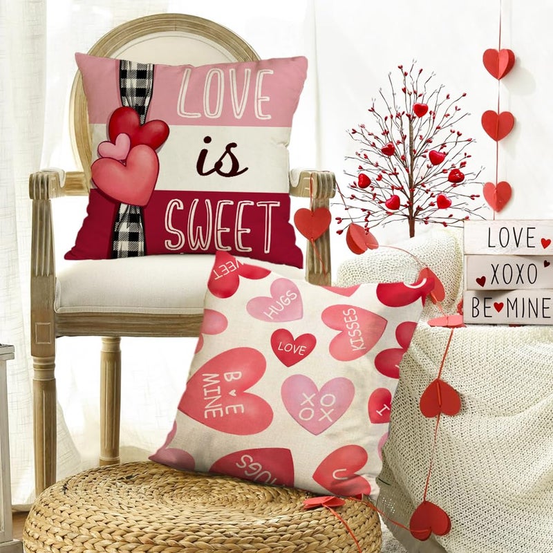 RABUSOFA Red Candy Love Valentine's Day Hugs and Kisses Love Sweet Throw Pillow Covers,18x18 Inch Pink Heart Valentine Striped Wedding Cushion Case Decoration for Sofa Couch Set of 4 - Image 3