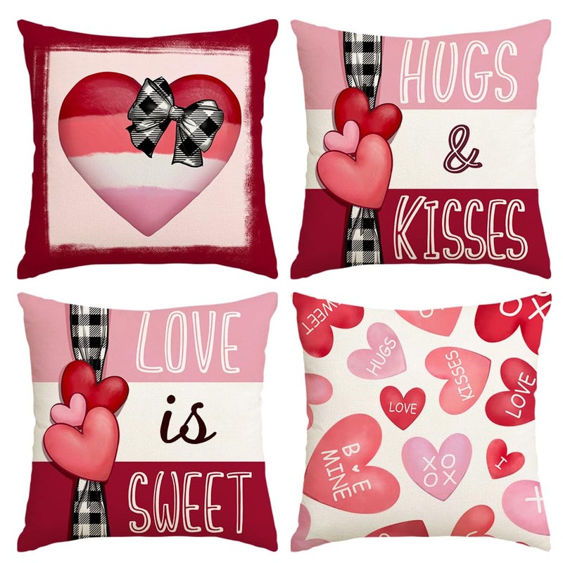 RABUSOFA Red Candy Love Valentine's Day Hugs and Kisses Love Sweet Throw Pillow Covers,18x18 Inch Pink Heart Valentine Striped Wedding Cushion Case Decoration for Sofa Couch Set of 4 - Image 1