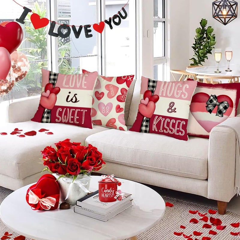 RABUSOFA Red Candy Love Valentine's Day Hugs and Kisses Love Sweet Throw Pillow Covers,18x18 Inch Pink Heart Valentine Striped Wedding Cushion Case Decoration for Sofa Couch Set of 4 - Image 5